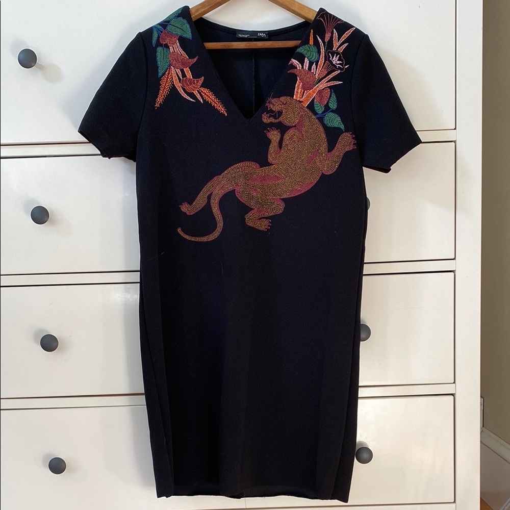 Black Dress with Embroidered Panther Design